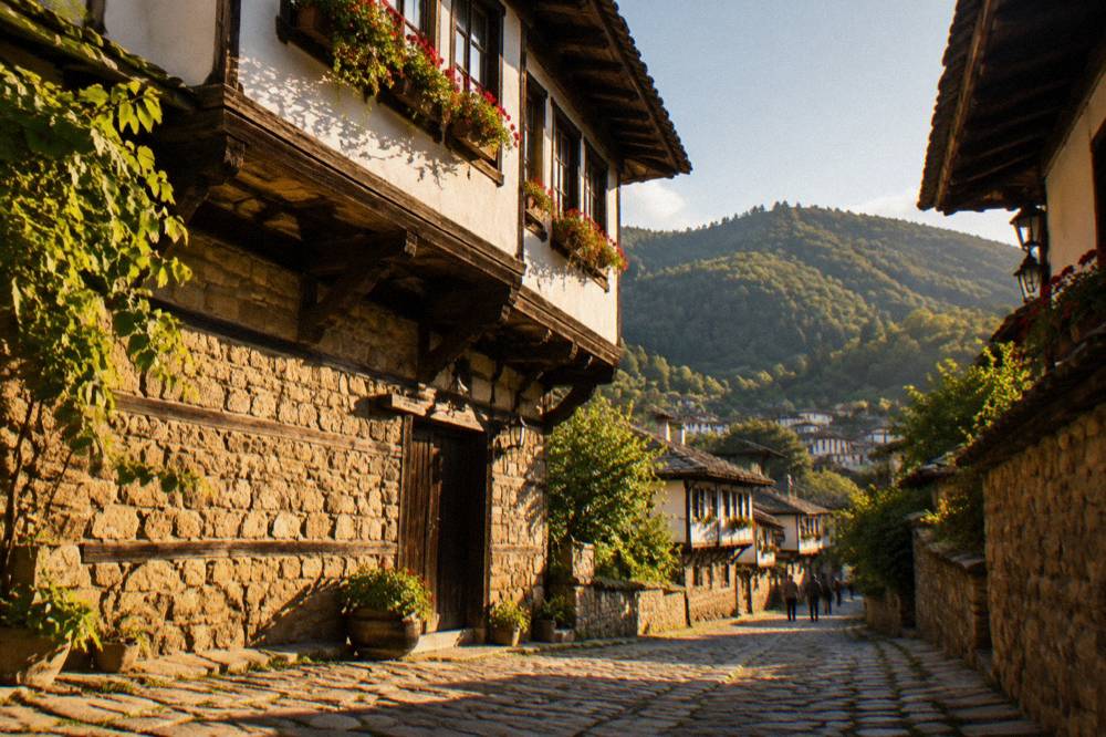 A winding road through green Balkan hills toward a small town