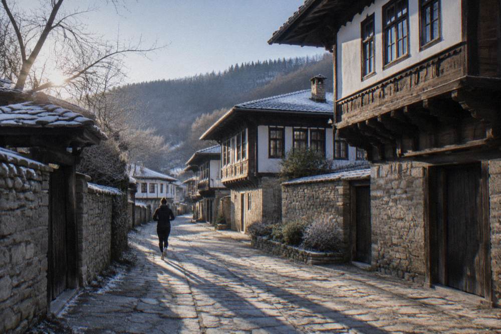 Old wooden and stone houses lining a quiet street in a Bulgarian town