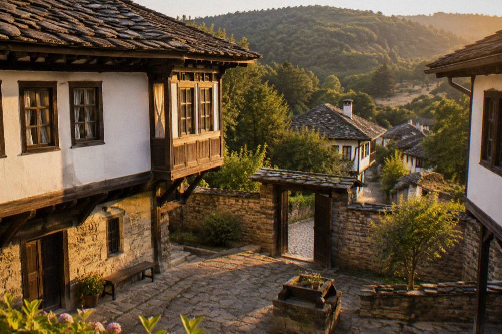 A courtyard of an old Bulgarian house museum with stone walls