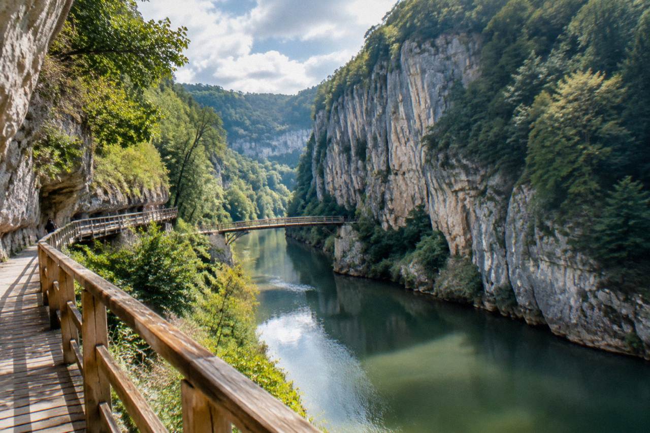 A deep limestone gorge with a calm river running between tall vertical cliffs and green trees on the rim