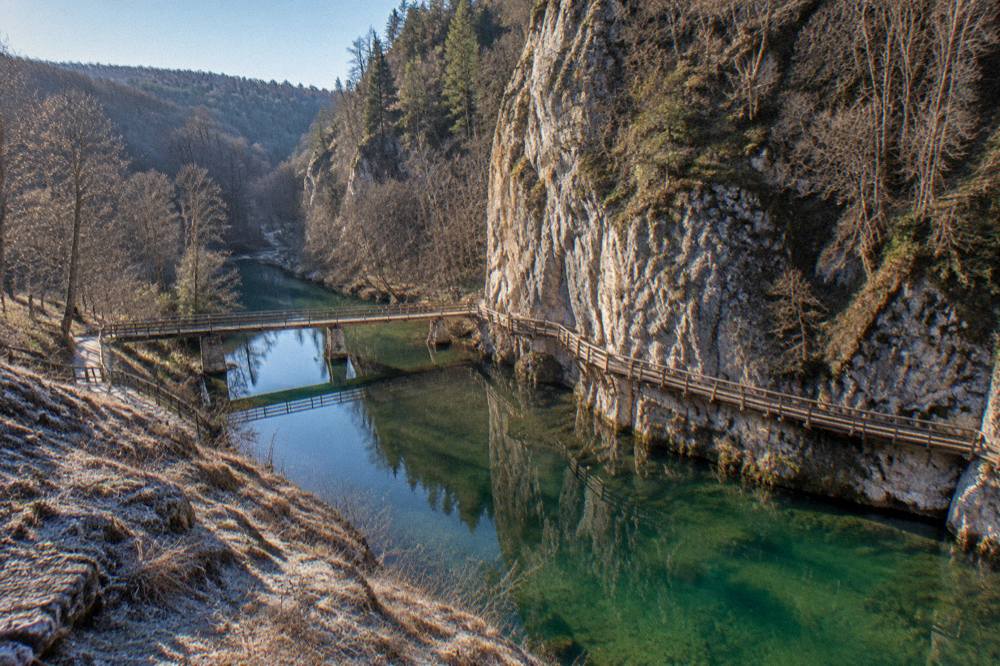 A quiet pool of clear green water at the base of a cliff with trees reflected on the surface