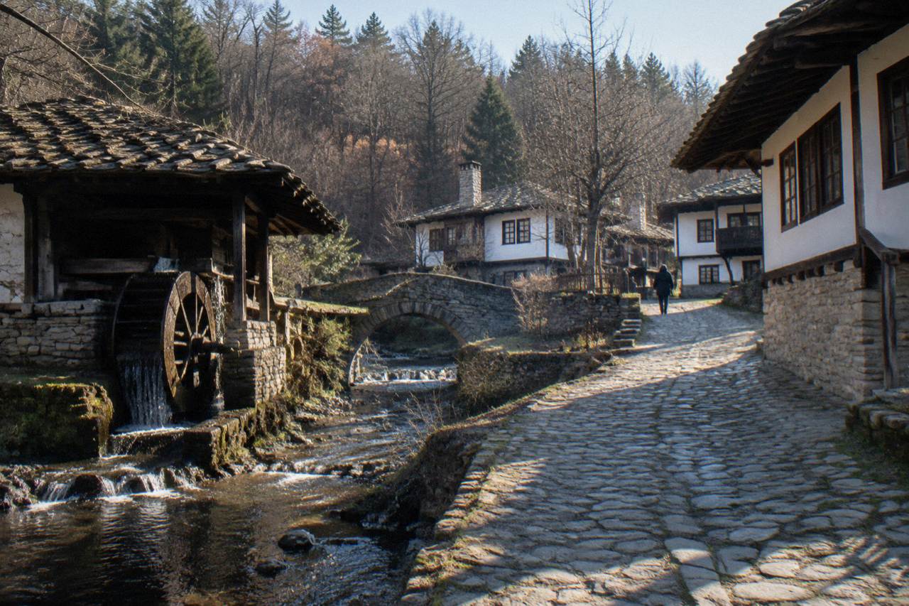 Cobbled street of a Bulgarian revival open-air museum with white-walled craft houses and a stone bridge