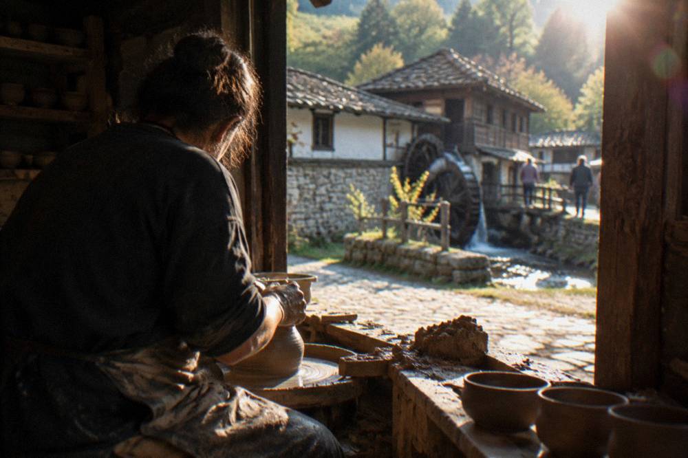 Craftsman shaping pottery at a wooden workbench inside a museum workshop