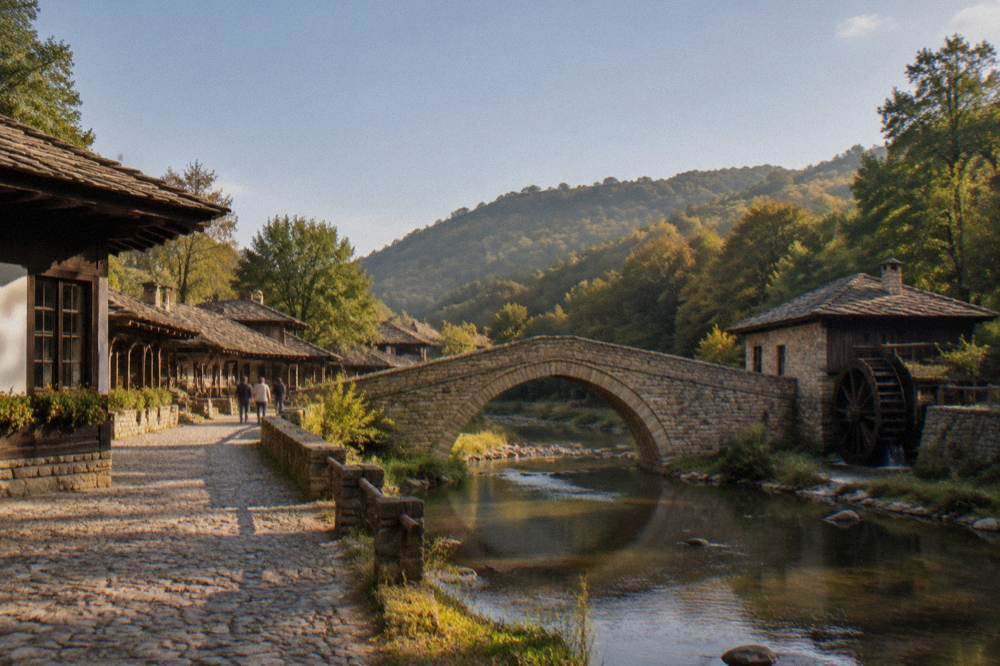 Stone bridge over a small river with forested hills behind, seen from a museum path