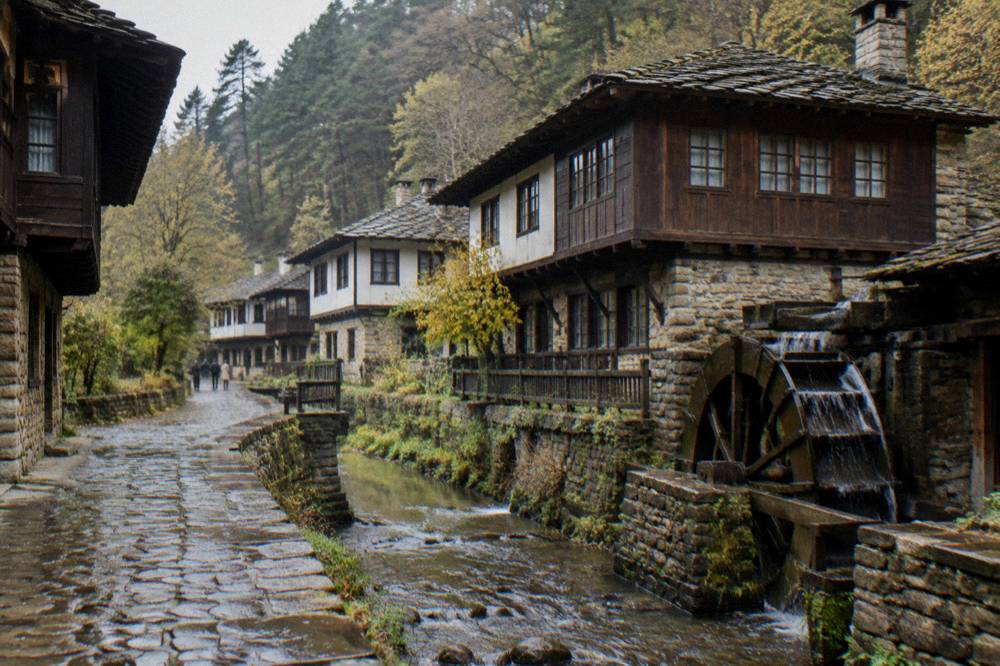 Row of revival-era houses with stone bases and wooden upper storeys along a museum street