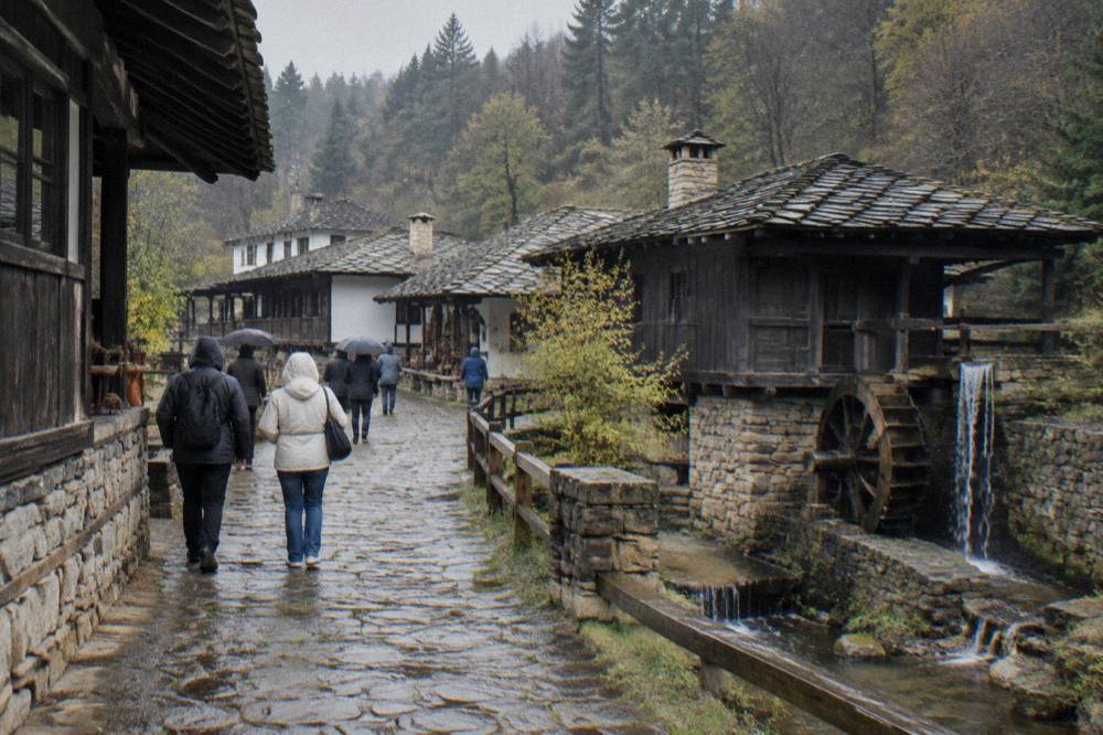 Visitors walking a cobbled lane between craft houses on an overcast day