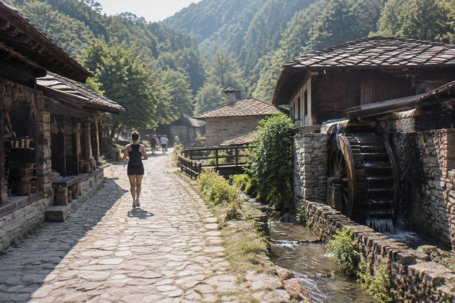 Open-air museum street of timber workshops and a water-powered mill