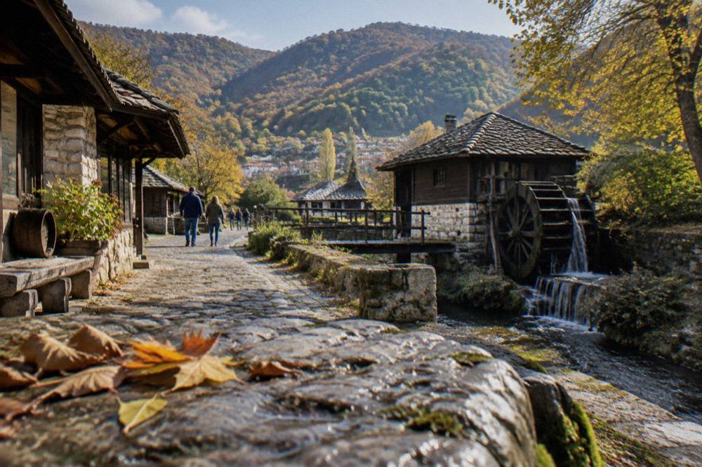 Forested Balkan mountain slopes above a small Bulgarian town in autumn