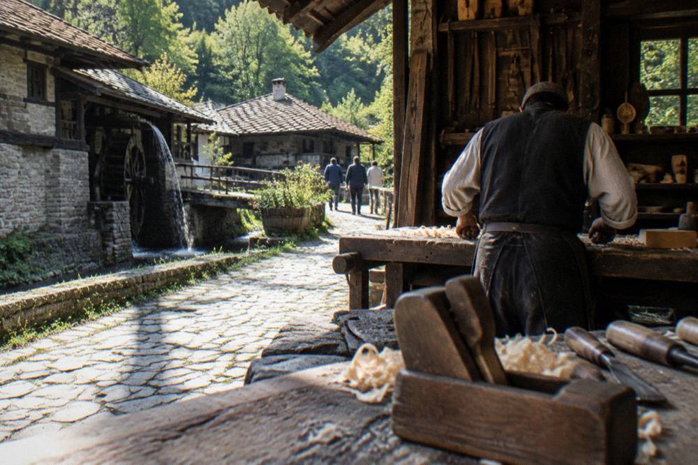 Craftsman working with wood at a workbench in a traditional Bulgarian workshop