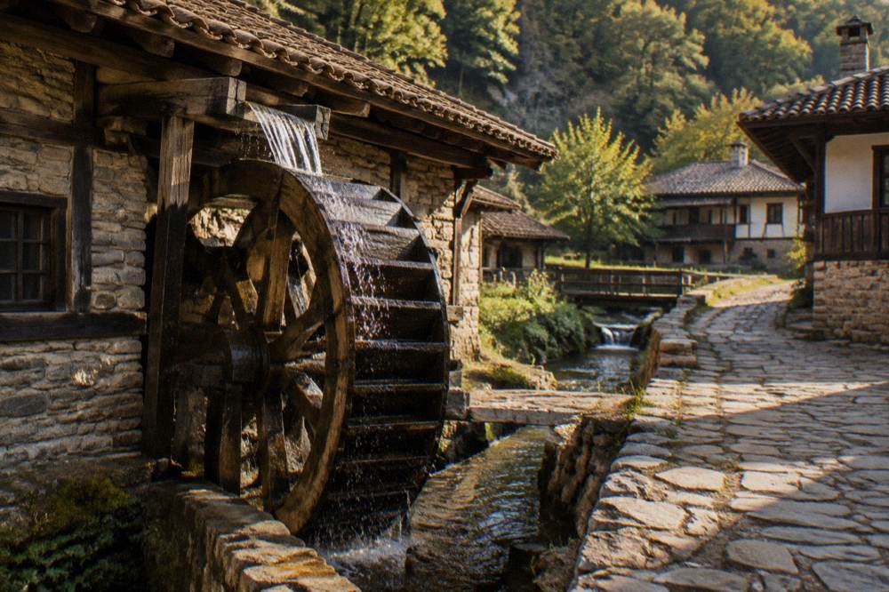 Traditional Bulgarian water mill wheel turning in a stone channel
