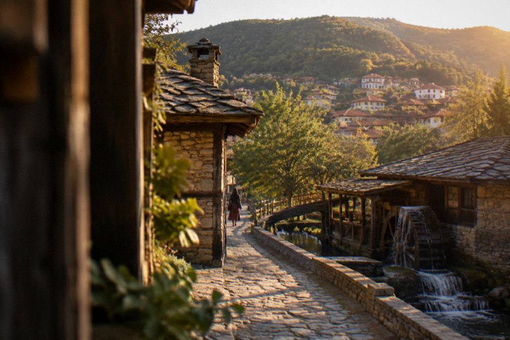 Panorama of red rooftops in a Balkan valley town at golden hour