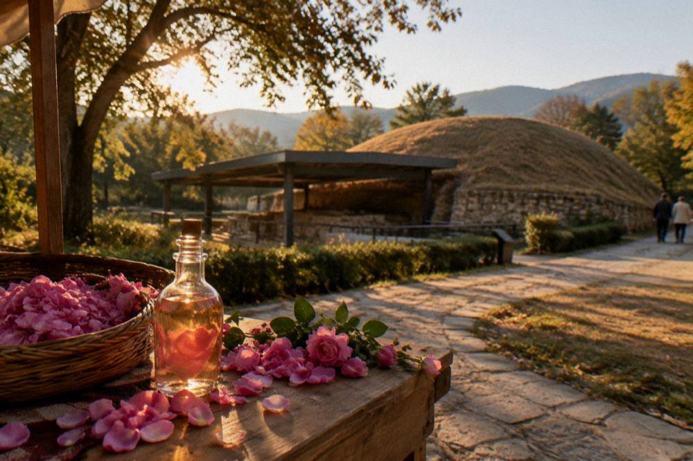 A jar of rose oil and fresh rose petals on a wooden market stall
