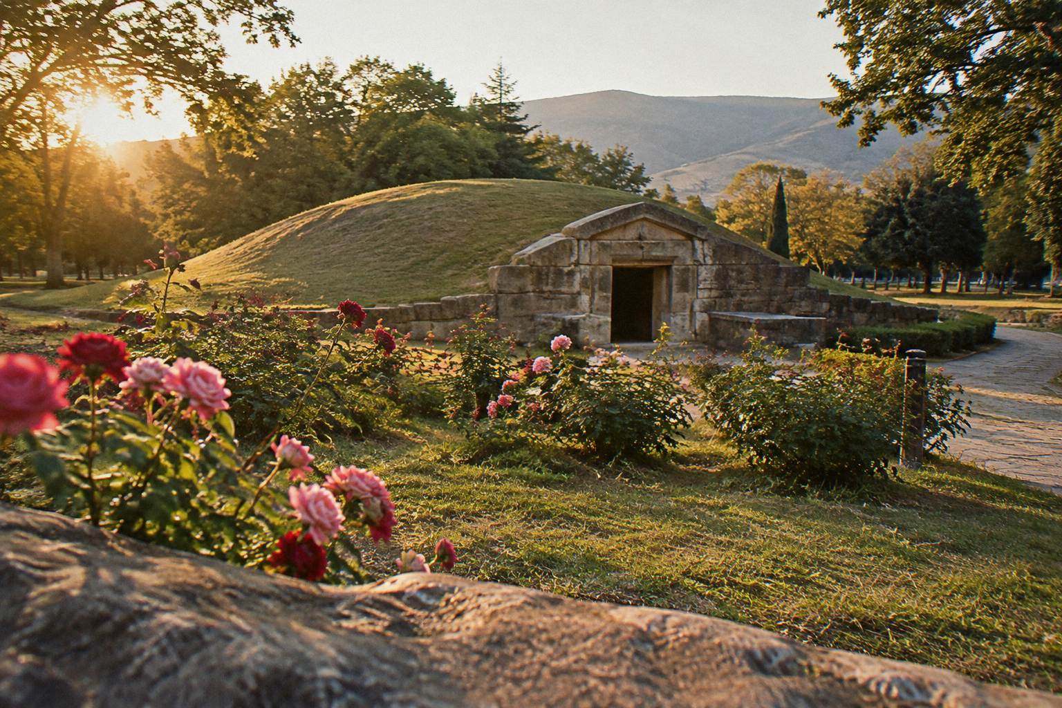 Domed Thracian tomb entrance in a green field with rose bushes
