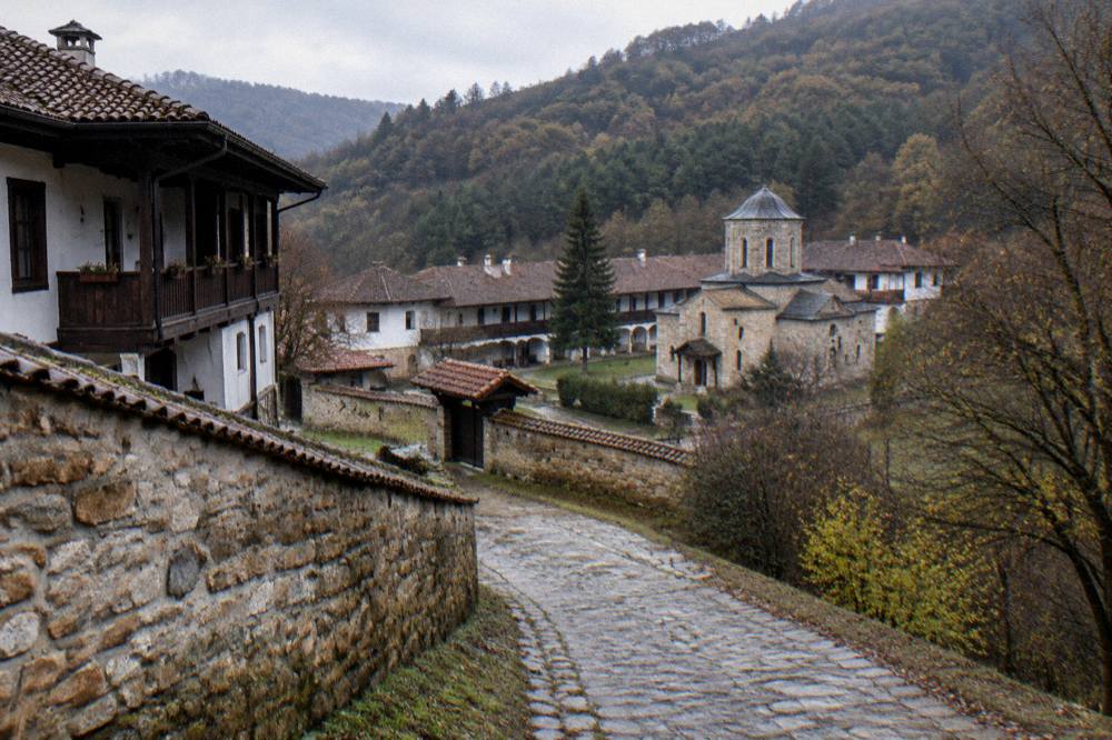 A country lane leading toward a monastery complex at the foot of wooded hills