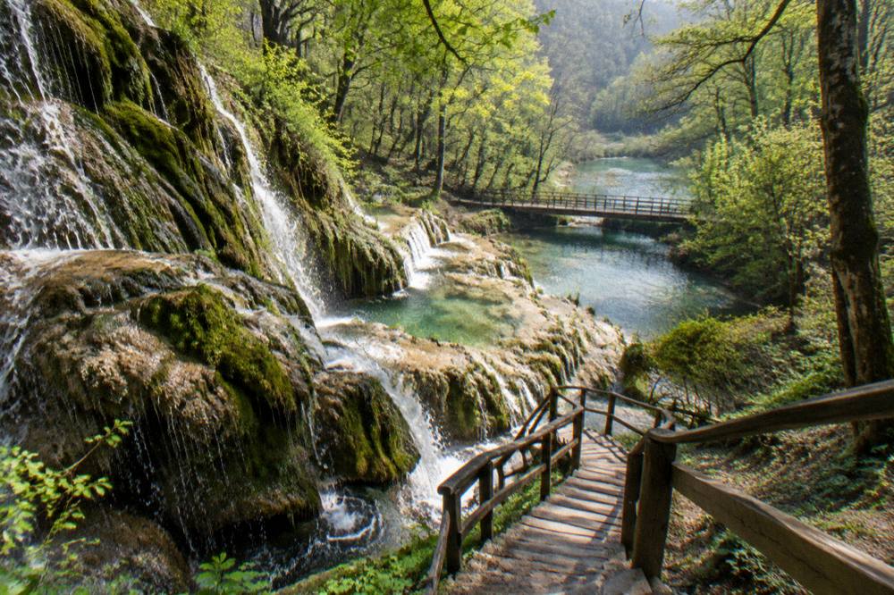 Wooden stairs and a railing descending beside a waterfall through forest towards turquoise pools below