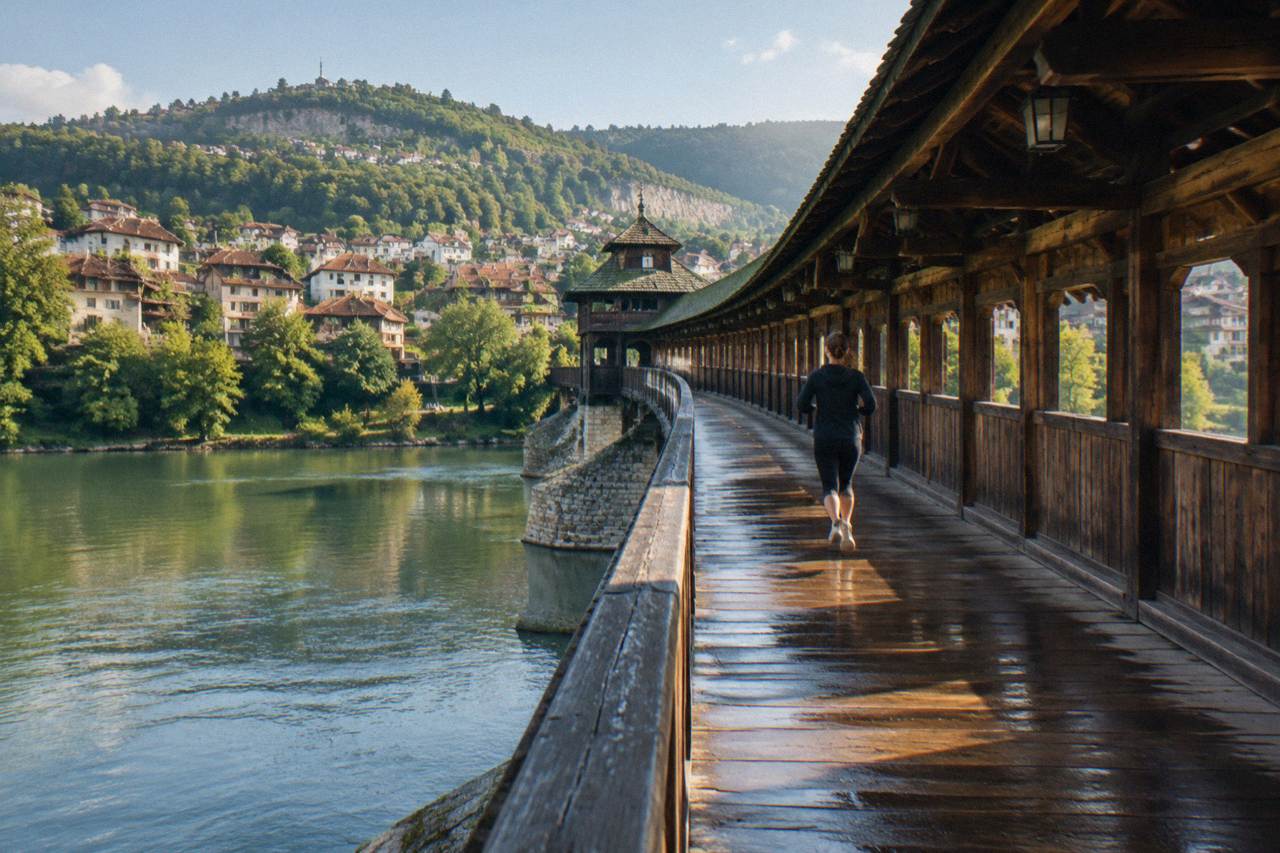 A covered wooden bridge crossing a river in a Bulgarian town with hillside houses above it
