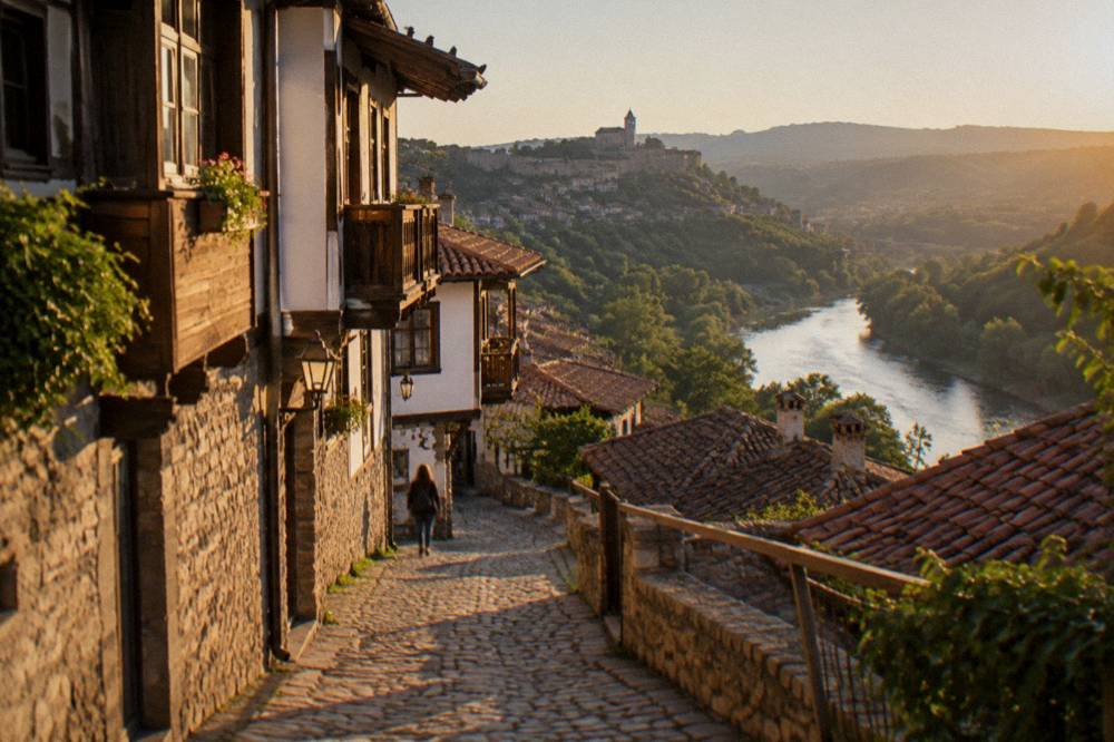 Cobbled lane between old houses on a hillside in a Bulgarian old town