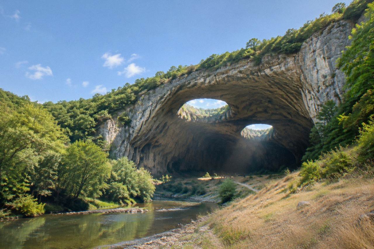 A wide cave opening in a green hillside with daylight streaming through two holes in the rock ceiling