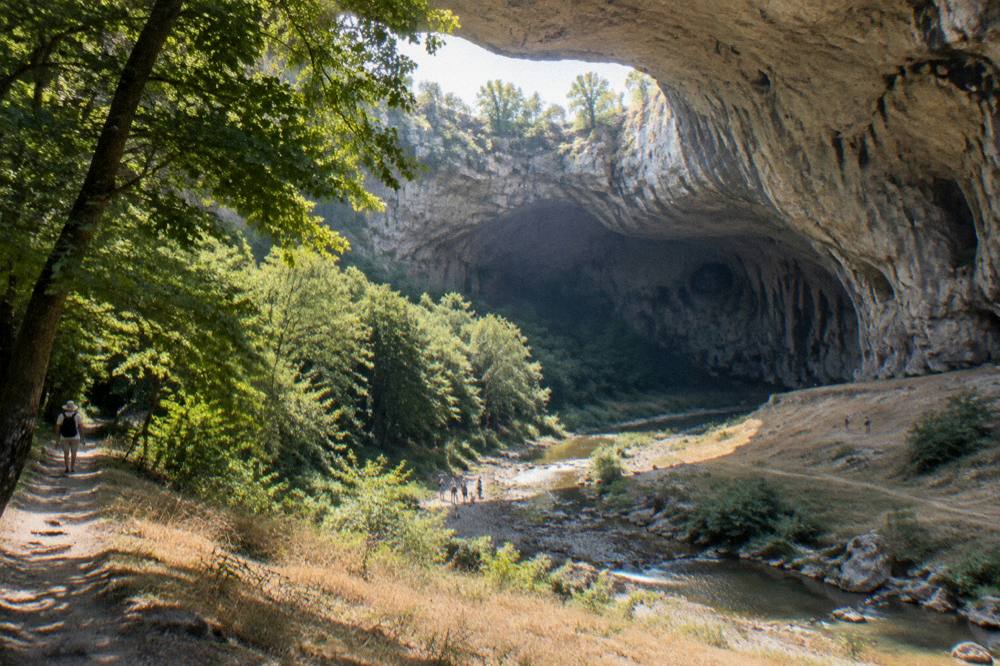 Sunlight entering a large cave entrance through green trees on a summer morning