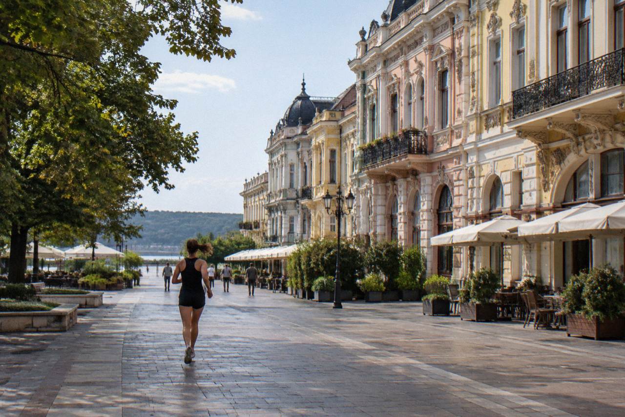 Ornate pastel facades of Belle Epoque buildings along a wide city street in Ruse