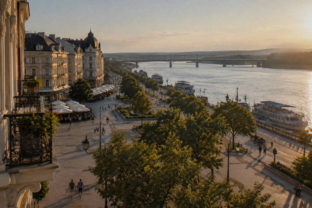 Wide river promenade along the Danube with moored boats and a bridge in the distance