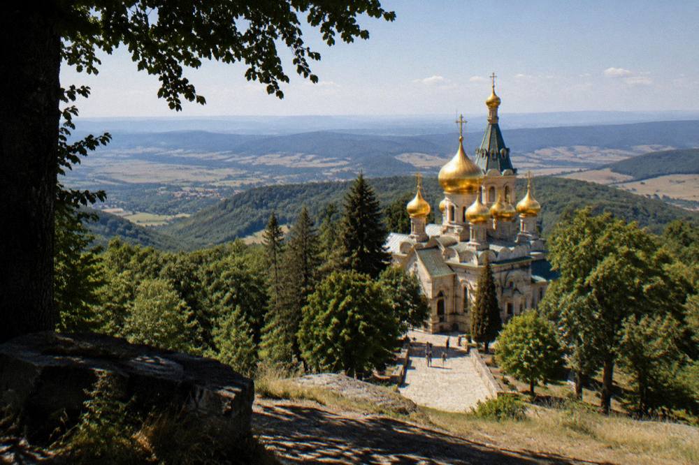 View from a mountain ridge over forested slopes toward a wide valley