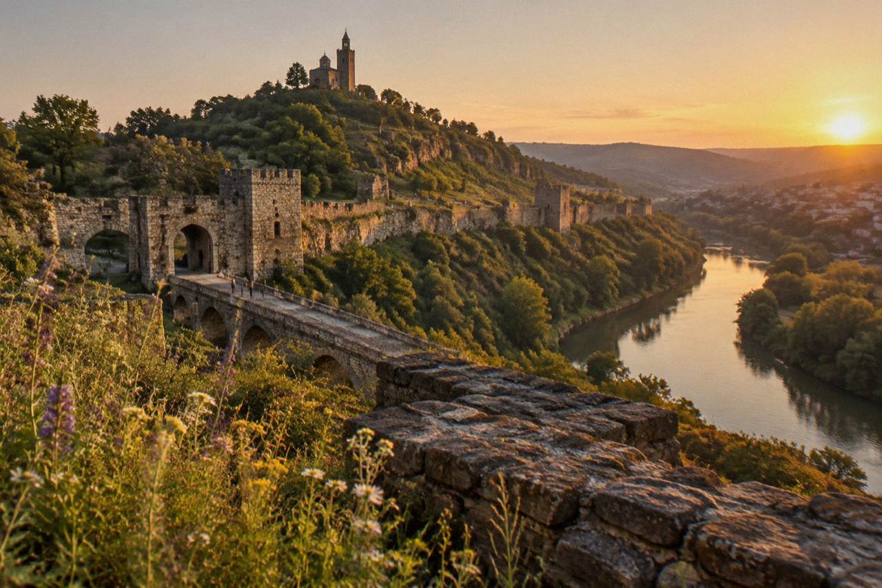 The walled hill of Tsarevets Fortress rising above the Yantra river at dusk