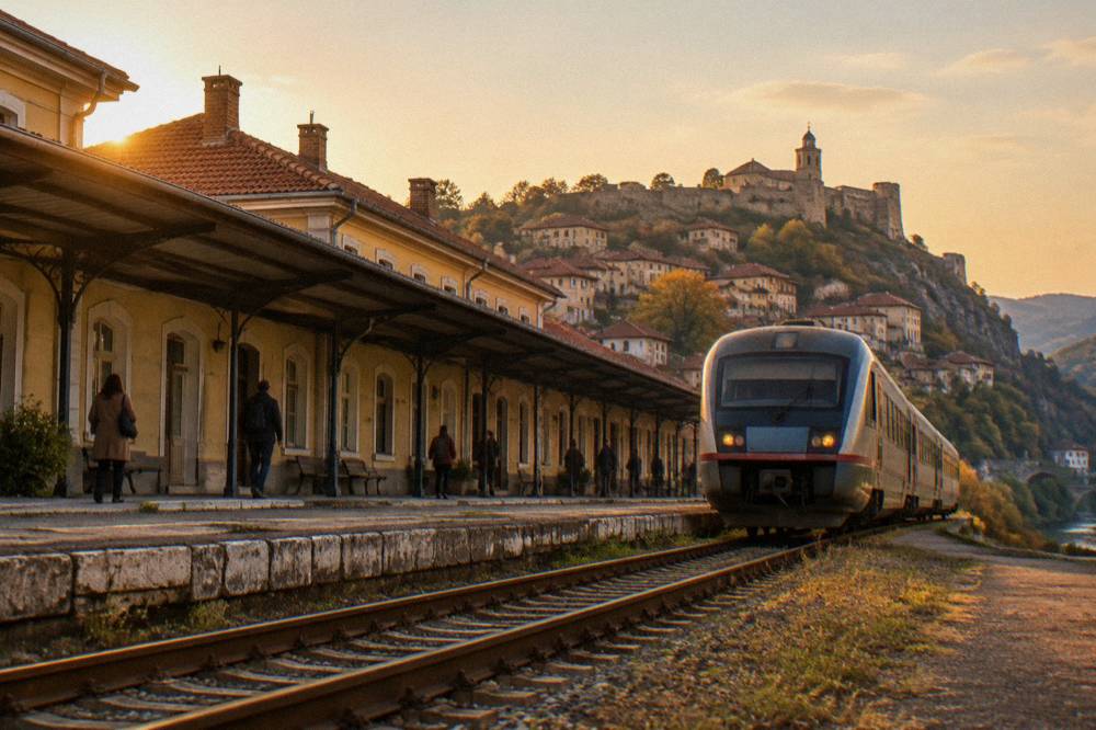 A regional passenger train at a small Bulgarian railway station platform