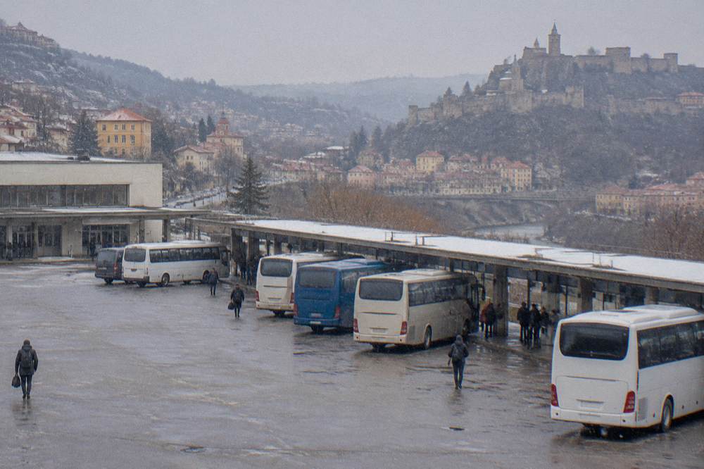 Intercity buses parked at a Bulgarian bus station in daylight