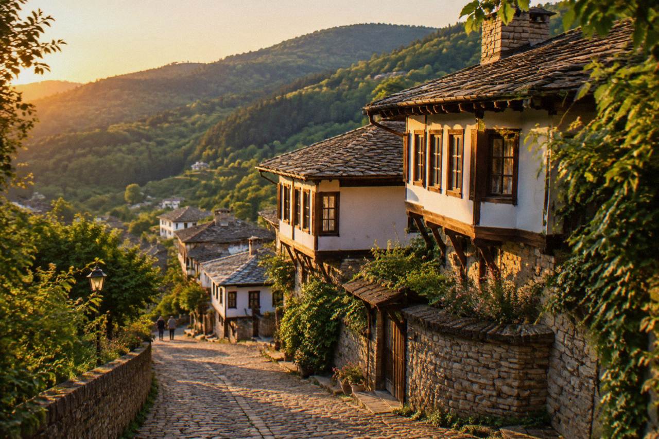 Old stone and timber houses rising on a green hillside in a small Balkan town