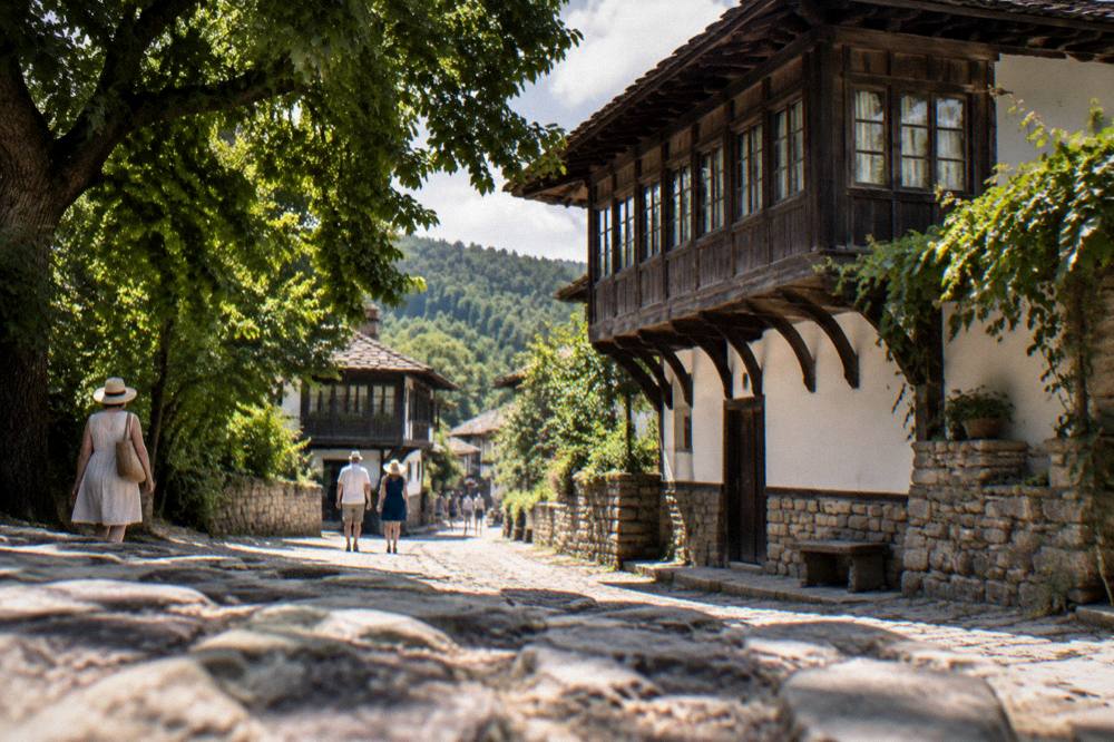 Timber houses with deep eaves along a stone lane under summer trees