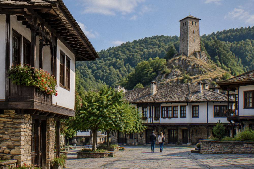 A stone clock tower above the rooftops of a small town square