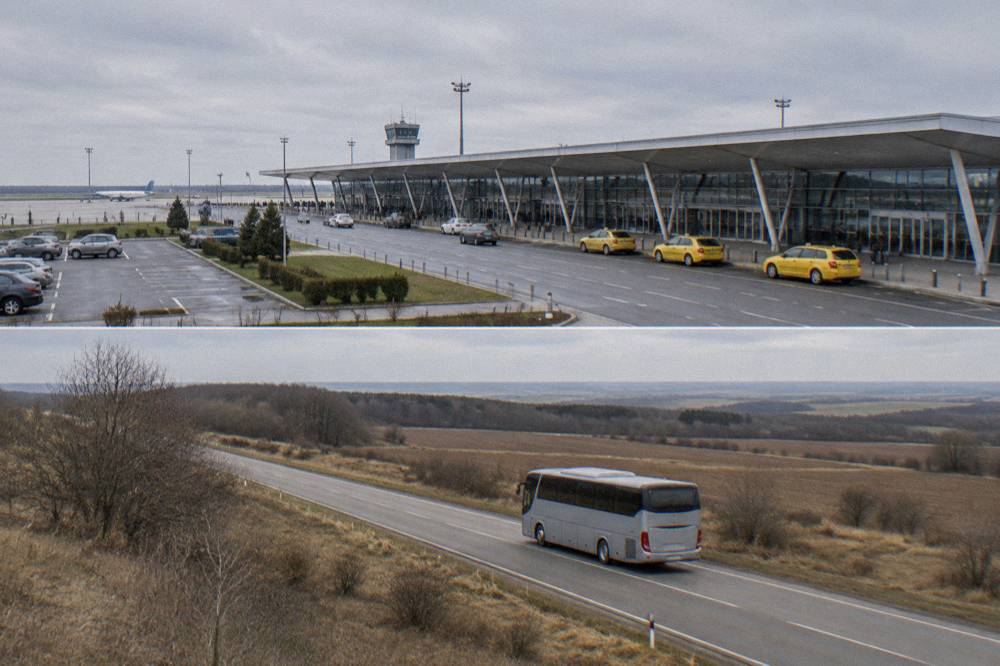 A long-distance coach on a rural Bulgarian road heading through open countryside