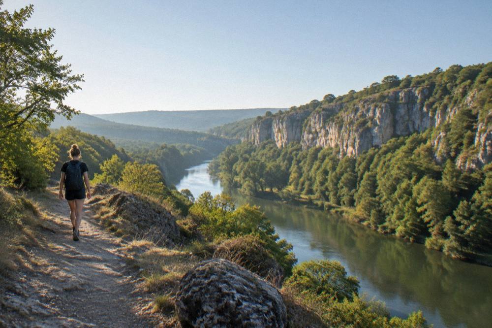 A forested gorge trail with a river running below limestone cliffs