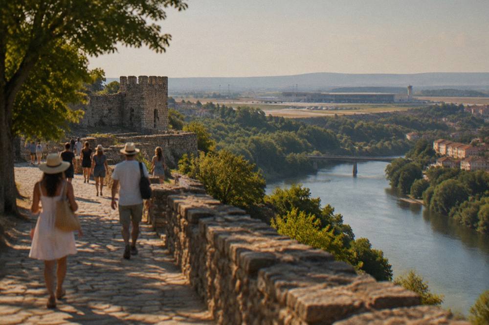 Summer crowds on a stone fortress path above a river bend in a Bulgarian town