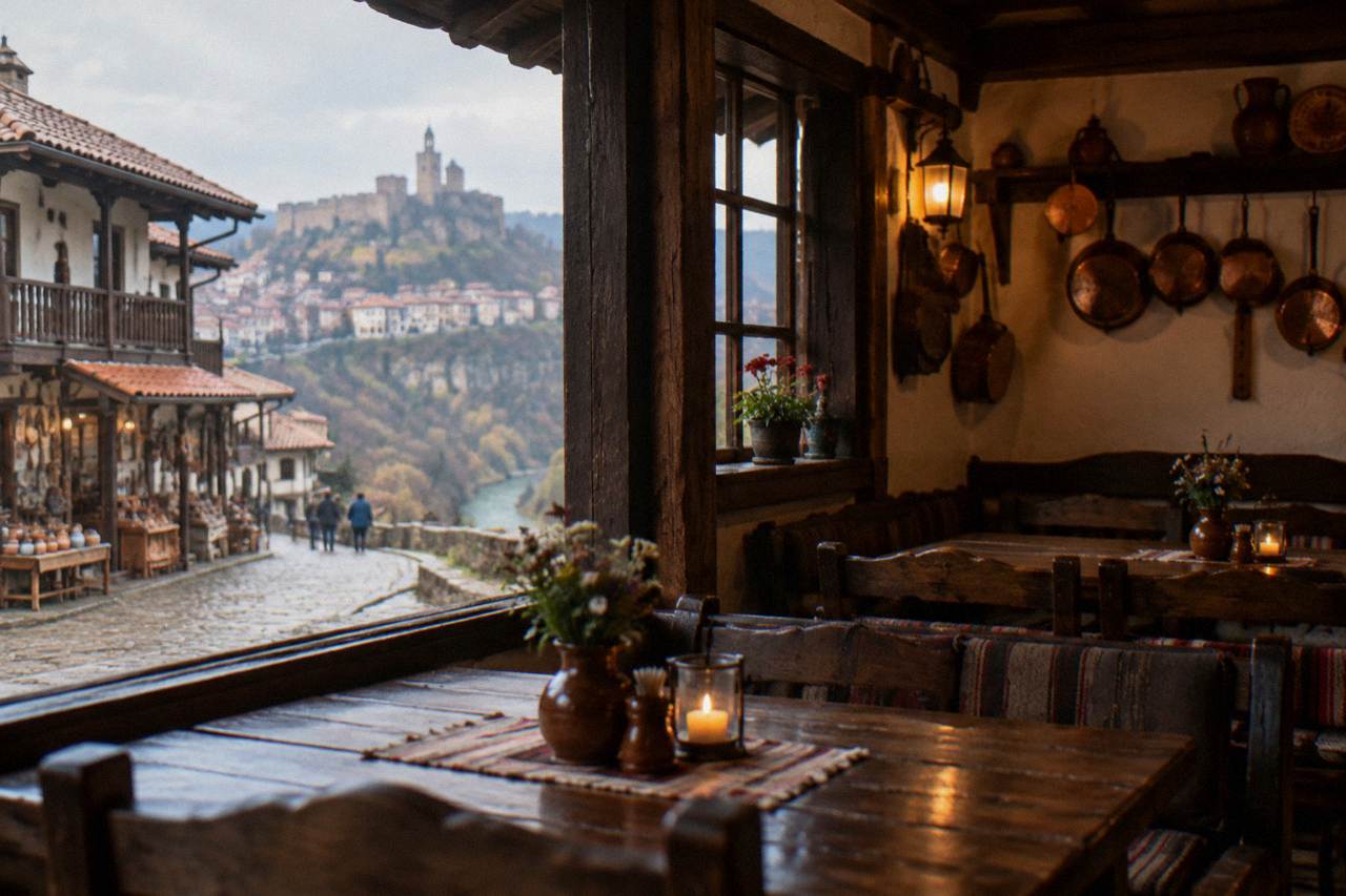 A cosy Bulgarian mehana dining room with wooden tables and hanging copper pans