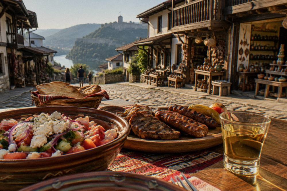 A Bulgarian table set with shopska salad, grilled meats and a glass of rakia