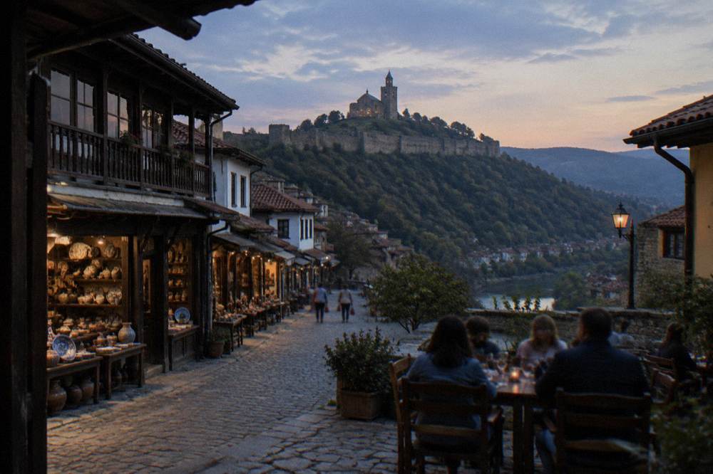 Diners at an outdoor table on a cobbled street below a fortress hill at dusk