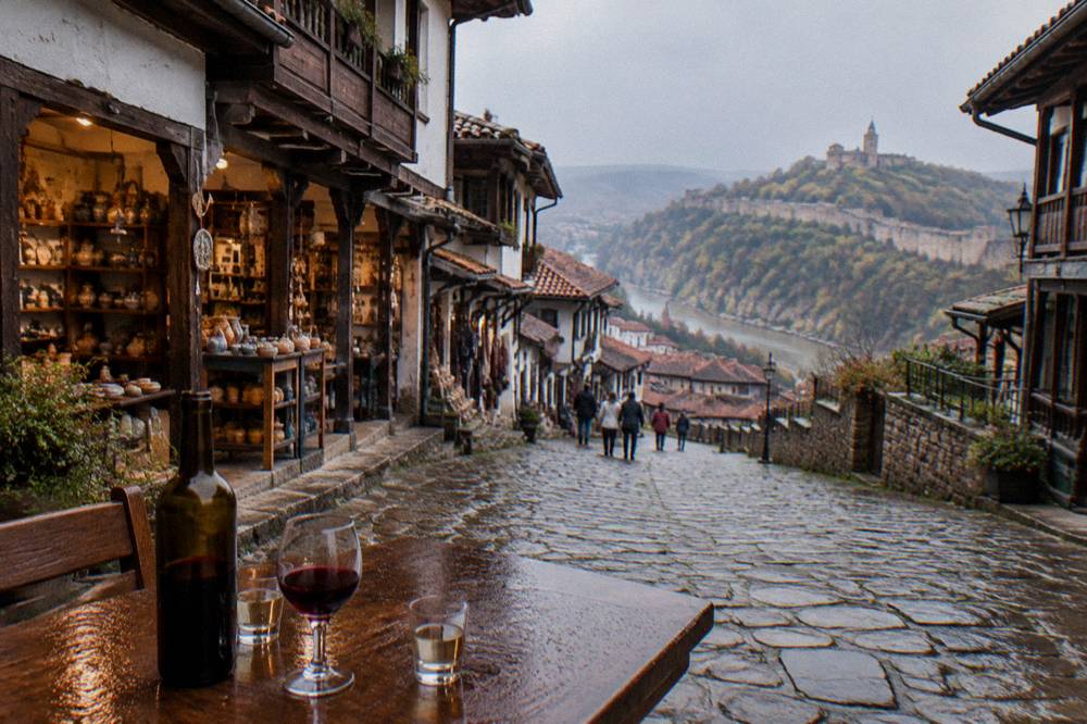 Small glasses of rakia and a bottle of Bulgarian red wine on a wooden table