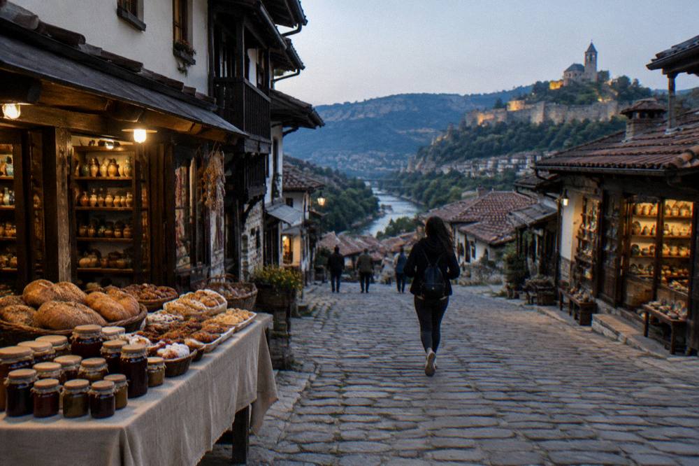 A market stall with fresh bread, pastries and jars of preserves on a cobbled street
