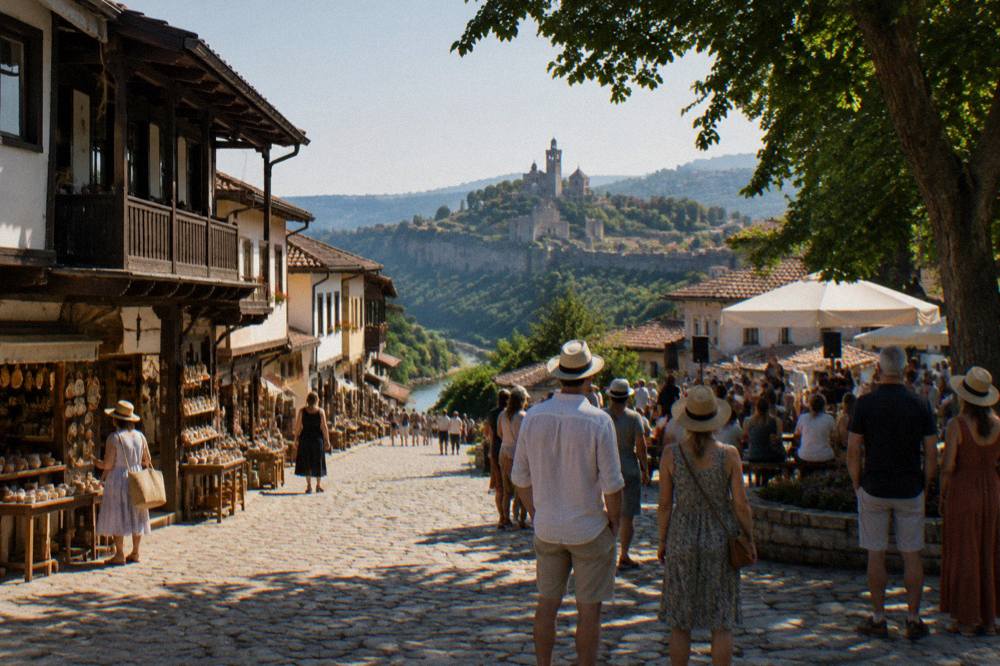 An outdoor festival crowd on a summer evening in an old Bulgarian town square