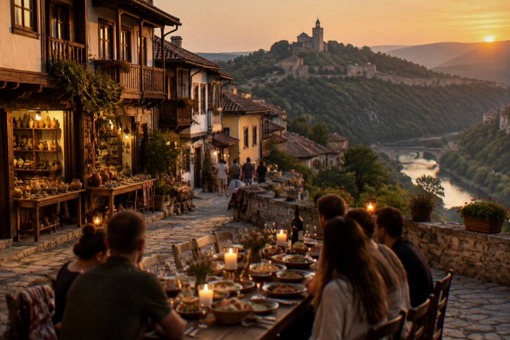 A long dinner table at night with candles, wine glasses and shared Bulgarian dishes