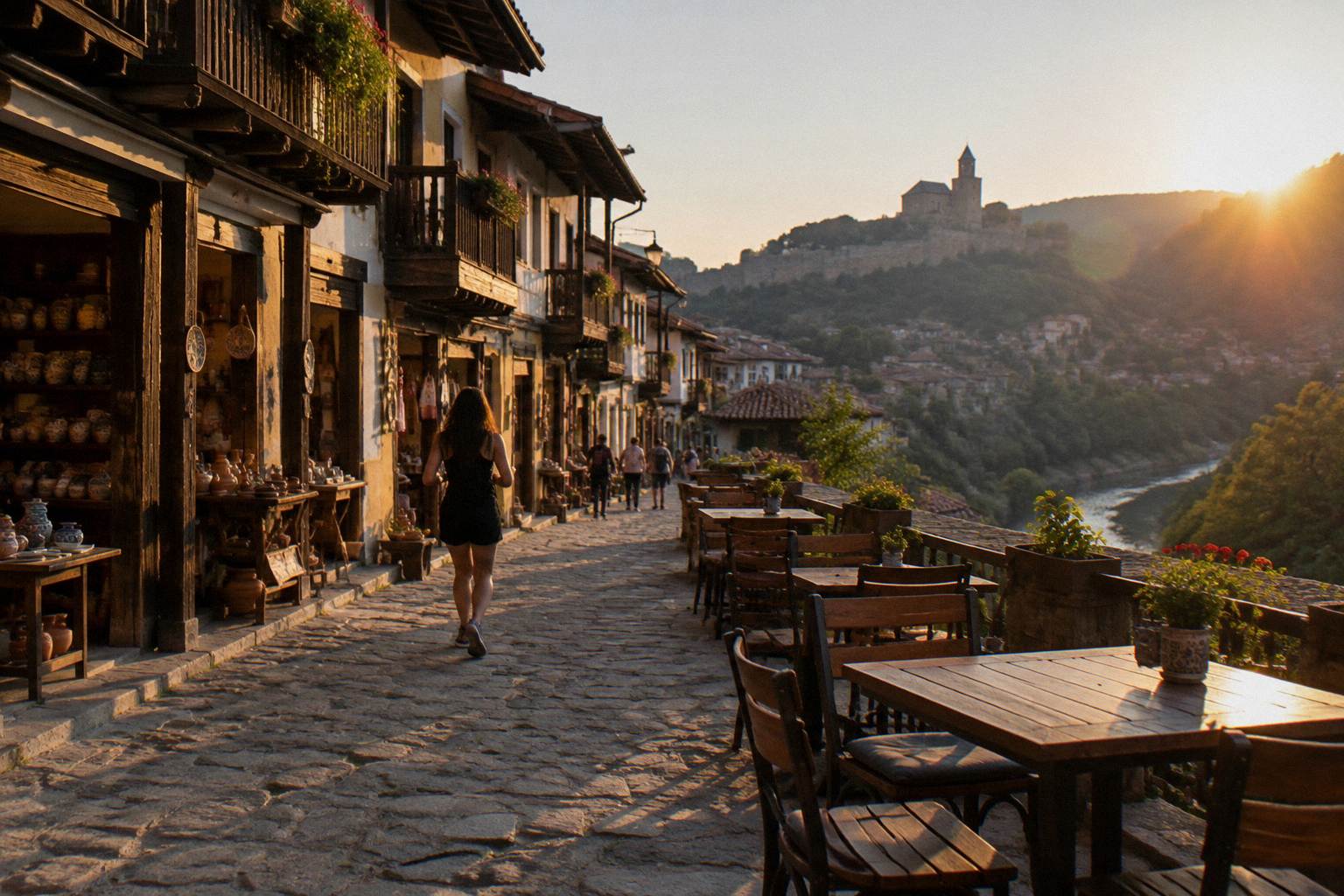 Empty restaurant table and chairs set on a cobbled old-town terrace in evening light