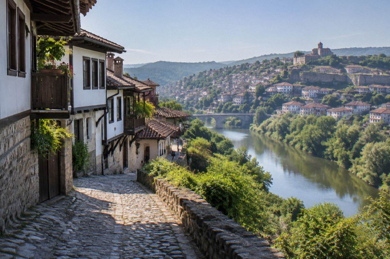 Veliko Tarnovo old town rooftops rising above the Yantra river gorge
