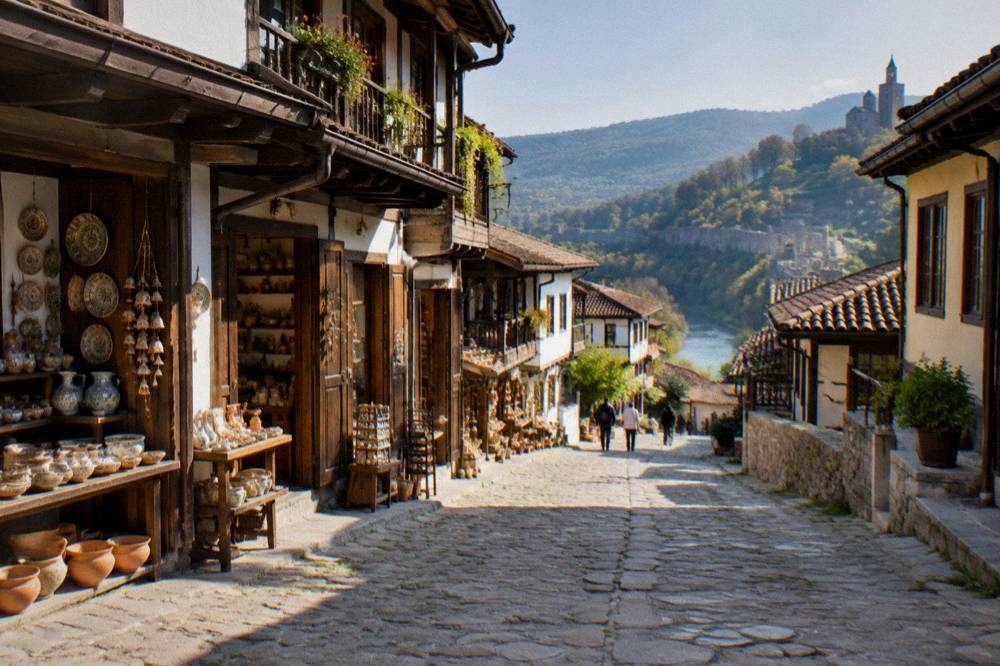 Crowd-free cobblestone lane of Samovodska Charshiya on a quiet morning