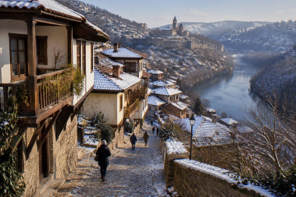 Snow-dusted rooftops and church domes of Veliko Tarnovo in winter
