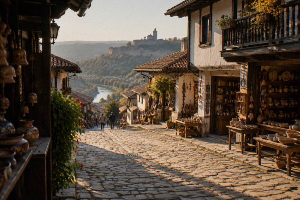Cobbled Samovodska Charshiya street with small craft shops in Veliko Tarnovo
