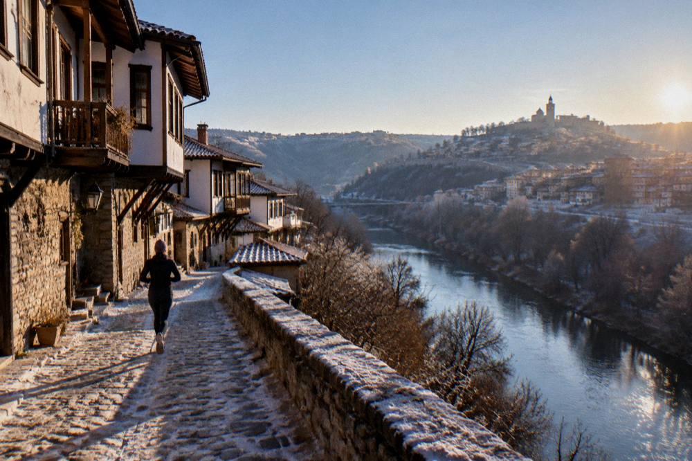 Evening lights over the old town rooftops of Veliko Tarnovo seen from across the Yantra river