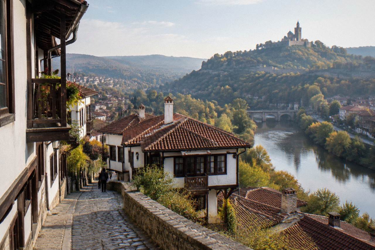 View over the rooftops and fortress hill of Veliko Tarnovo above the Yantra river