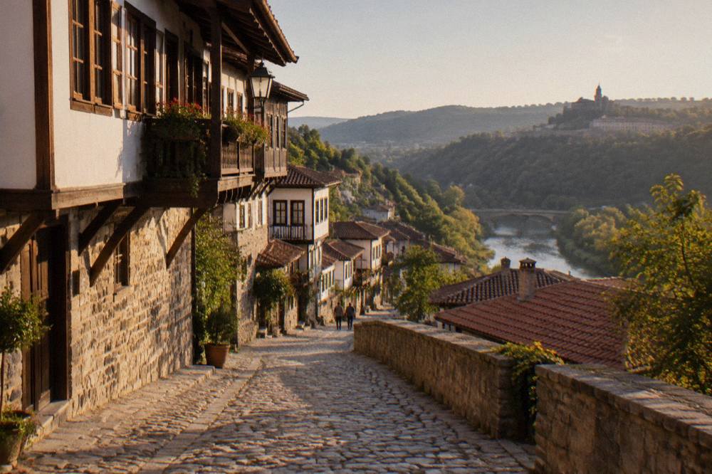 Cobbled street with traditional houses in the old quarter of Veliko Tarnovo